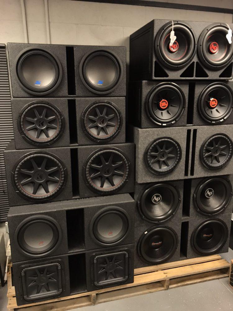 Kicker, JBL and Audiopipe subwoofers on display